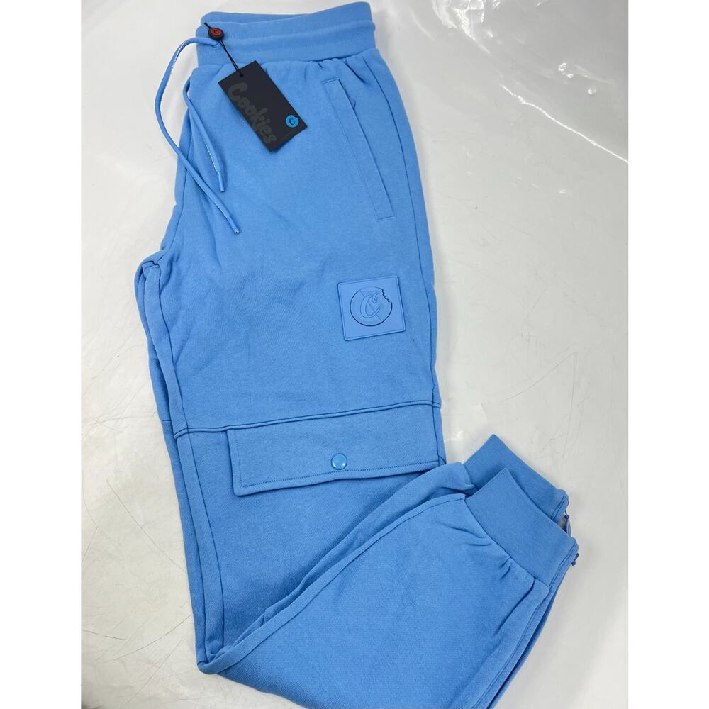 Cookies Monaco Fleece Cargo Sweatpants, Rubber Logo Patch Blue Mens M NWT